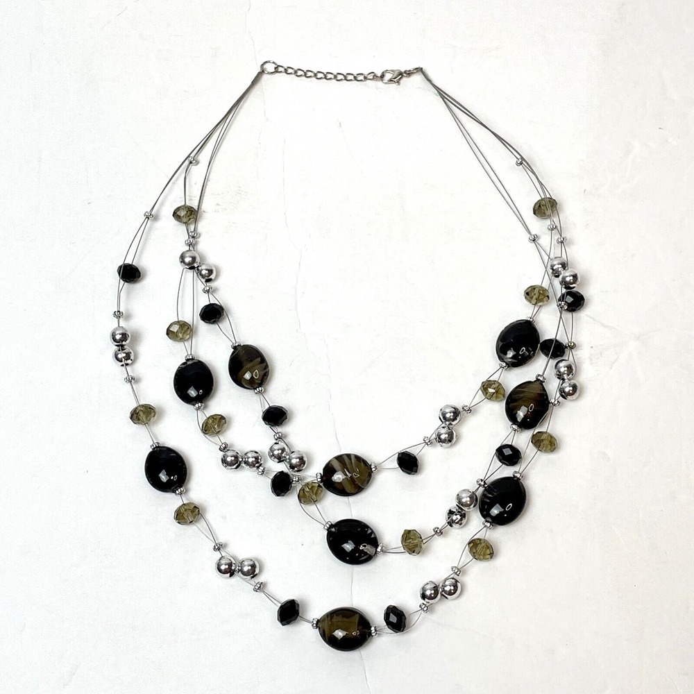 Triple Strand‎ Layered Beaded Necklace Silver Black Green